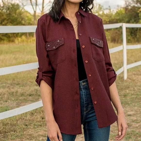 Bloggers Boutique Beaded Pocket Button-Up Top - Picture 1 of 5